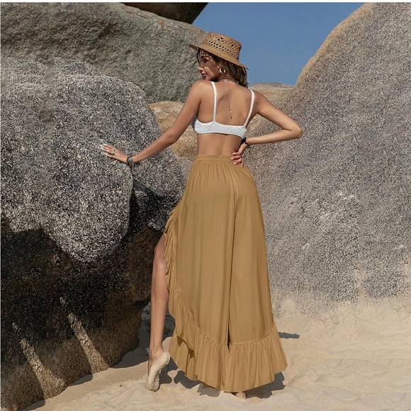 Henna store Green Wide-Leg Ruffle Split Skirt Pants Elastic Waistband O/S - Picture 5 of 16